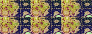 Tasarım için Damask çizim kalıbı. Mavi renkler ve altın elementler üzerine Raster çizim deseni.