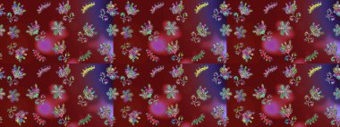 Kar tanelerinin soyut arkaplanlı Noel şablonu. Kırmızı, mor ve mor kar taneleri. Raster illüstrasyonu. Noel ve Yeni Yıl moda baskıları için tatil tasarımı.