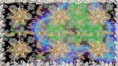 Gri renklerde, altın elementlerle kusursuz desen. Raster illüstrasyonu. Klasik klasik klasik arka plan. Kusursuz klasik raster altın desenli. Geleneksel oryantasyon süsü.