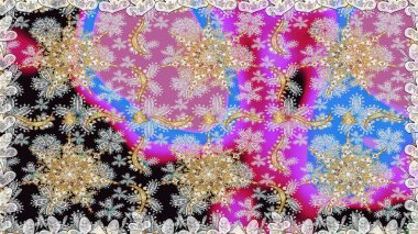 Hassas altın deseni açın. Parlak dantel, stilize çiçekler, şal desenli. Raster. Kusursuz altın desenli bukleler. Tarafsız renklerde, altın elementlerle kusursuz desen. Doğu tarzı arabesk.