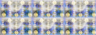 Raster illüstrasyonu. Noel ve yeni yıl moda baskıları için tatil tasarımı. Kar tanelerinin soyut arkaplanı olan şirin bir Noel arkaplanı. Gri, mavi ve nötr kar taneleri. Renkler.