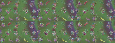 Kar tanelerinin soyut arkaplanlı Noel şablonu. Yeşil, gri ve mor kar taneleri. Raster illüstrasyonu. Renkler. Noel ve Yeni Yıl moda baskıları için tatil tasarımı.