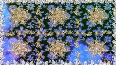 Kusursuz oryantal klasik altın desen. Mavi renklerde altın tekrarlayan elementler içeren soyut Raster arkaplanı.