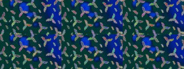 Kar tanelerinin soyut arkaplanlı Noel şablonu. Mavi, yeşil ve mor renkler. Noel ve yeni yıl moda baskıları için tatil tasarımı. Raster illüstrasyonu.