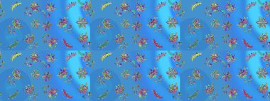 Kar tanesi renkli desen. Snowflakes desen. Raster kar taneleri arka plan. Renk arka plan üzerinde izole soyut kar taneleri ile düz tasarım. Raster illüstrasyon.