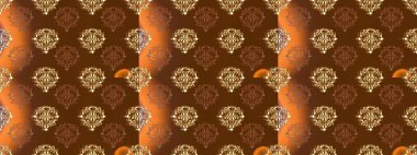 Kusursuz damaske klasik altın desen. Tekrarlayan elementlerle soyut arkaplan oluşturun. Kahverengi, turuncu ve bej renklerde altın rengi ve altın elementler. Raster illüstrasyonu.