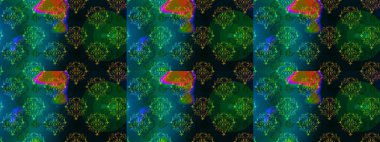 Mavi, yeşil ve siyah renklerde etnik çiçeklerle kusursuz bir desen. Raster Çiçek İllüstrasyon Şirin Tekstil.