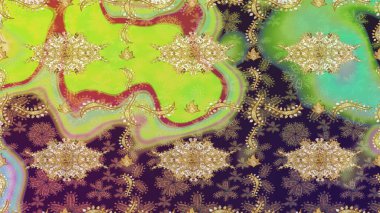 Damask eskiz süsü. Geleneksel raster ve altın desen. Yeşil renkler üzerinde klasik oryantal desen.