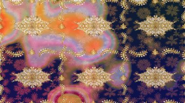 Raster altın tekstil baskısı. Çiçek kiremitleri. İslam tasarımı. Altın elementlerle bej renklerde altın desen. Çizim desenli oryantal süs.