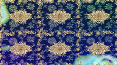 Süslü raster dekorasyonu. Lüks, kraliyet ve Viktorya dönemi konsepti. Mavi yerine altın rengi barok çiçekli eskiz deseni. Mavi renklerdeki altın element.