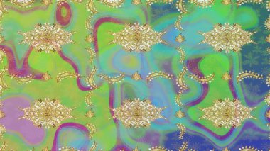 Raster illüstrasyonu. Çizim altın desenli bukleler. Altın elementli yeşil renkler. Doğu tarzı arabesk. Raster altın desen.