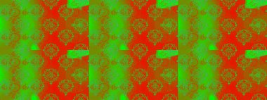 Yeşil, turuncu ve kırmızı renkte manzaralı çiçek deseni. Çiçek kompozisyonu, el boyası, hassas şablon. Üst manzara, yumuşak stil. Sevgililer günü ve tebrik kartı konsepti için şık bir davet.