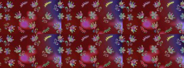 Kar tanelerinin soyut arkaplanlı Noel şablonu. Kırmızı, mor ve mor kar taneleri. Raster illüstrasyonu. Noel ve Yeni Yıl moda baskıları için tatil tasarımı.