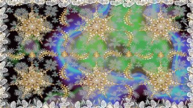 Gri renklerde, altın elementlerle kusursuz desen. Raster illüstrasyonu. Klasik klasik klasik arka plan. Kusursuz klasik raster altın desenli. Geleneksel oryantasyon süsü.