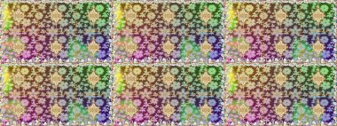 Tarafsız ve kahverengi renklerde altın bir element. Damask arkaplanı. Altın çiçekli, pürüzsüz desen. Barok tarzında altın çiçekli süs..