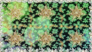 Kusursuz damaske klasik altın desen. Tekrarlayan elementlerle soyut arkaplan oluşturun. Yeşil renkler ve altın elementler üzerinde altın pürüzsüz desen. Raster illüstrasyonu.