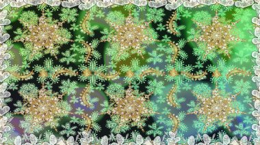 Çiçekli süslemeli, pürüzsüz bir desen. Geleneksel Arap dekoru yeşil renklerde. Doğu tarzında klasik tasarım öğesi. Duvar kâğıdı için altın süslü bir illüstrasyon. Süslü dantel iz sürücü.