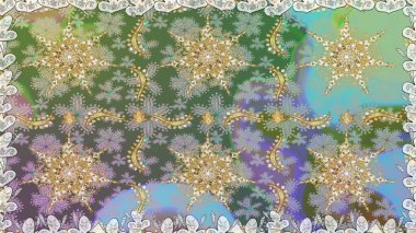 İslam tasarımı. Raster altın tekstil baskısı. Çiçek kiremitleri. Kusursuz desenli oryantal süs. Altın elementlerle nötr renklerde altın desen.