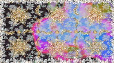 Raster illüstrasyonu. Raster altın desen. Doğu tarzı arabesk. Altın elementli gri renkler. Kusursuz altın desenli bukleler..