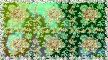 Yeşil renkte desen. Kına dövmeli süs çiçekleri, altın çıkartmalar, mehndi ve yoga tasarımı, kartlar ve parmak izleri. Raster altın mehndi kusursuz desen.