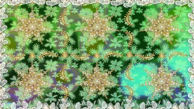 Kusursuz klasik altın desen. Raster geleneksel oryantasyon süsü. Altın elementlerle yeşil renklerde altın desen.