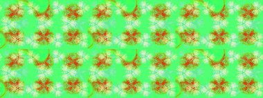 Raster illüstrasyonu. Yüzey için tekrarlanan doku, ambalaj kağıdı, yeşil, turuncu ve mavi renkler. Kış kar tanesi, raster arka plan. Renkli arka planda izole edilmiş güzel kar taneleri.