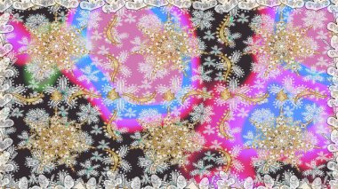 Raster illüstrasyonu. Kusursuz altın desenli bukleler. Doğu tarzı arabesk. Raster altın desen. Altın elementli gri renkler.