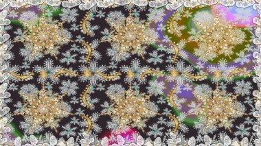 Kına dövmeli süs çiçekleri, altın çıkartmalar, mehndi ve yoga tasarımı, kartlar ve parmak izleri. Raster Golden Mehndi kusursuz desen. Gri renklerde desen.