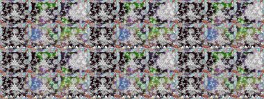 Eski usul. Raster illüstrasyonu. Kumaş, tekstil, duvar kağıdı baskısı için. Renkli desenli, gri çiçekli ve dekoratif elementli kusursuz desen. Kusursuz arkaplan.