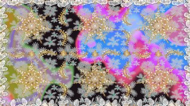 Dekoratif simetri arabesk. Kusursuz ortaçağ çiçek deseni. Gri renklerde altın. Raster illüstrasyonu. Doğum günü, davetiye ya da afiş için tebrik kartı.