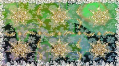 Geleneksel raster ve altın desen. Damask pürüzsüz süsü. Yeşil renkler üzerinde klasik oryantal desen.