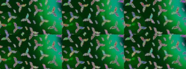 Noel ve yeni yıl moda baskıları için tatil tasarımı. Raster illüstrasyonu. Mavi, yeşil ve nötr renkler. Kar tanelerinin soyut arkaplanlı Noel deseni.