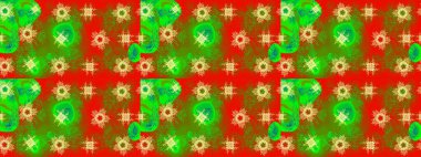 Bokeh yeşili, kırmızı, kahverengi ve kar taneleriyle dekoratif Noel arkaplanı. Raster illüstrasyonu.