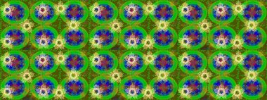 Kar tanelerinin soyut arkaplanı olan şirin bir Noel arkaplanı. Yeşil, mavi ve sarı kar taneleri. Raster illüstrasyonu. Renkler. Noel ve Yeni Yıl moda baskıları için tatil tasarımı.