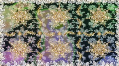 Kusursuz altın desen. Çiçek desenli altın metal. Altın elementli gri renkler. Raster altın çiçek süsü brokar kumaş ve cam desenli..