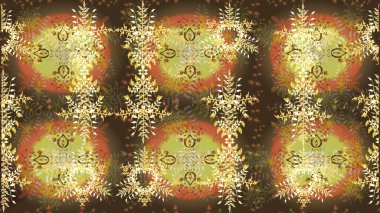 Noel ve yeni yıl moda baskıları için tatil tasarımı. Kar tanelerinin soyut arkaplanlı Noel şablonu. Raster illüstrasyonu. Kahverengi, nötr ve sarı kar taneleri.