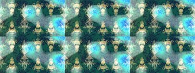 Raster illüstrasyonundaki çiçek desenli çizim. Çiçekler mavi, yeşil ve nötr renklerde.