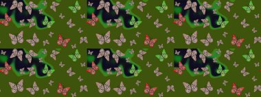 Yeşil arka planda güzel renkli kelebeklerin Raster vintage el çizimi. Moda sevimli kumaş tasarımı. Raster illüstrasyonu.