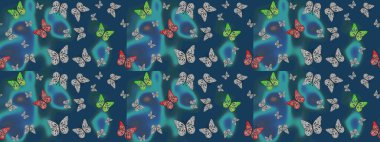 Raster illüstrasyonu. Kart, baskı ve davetiye için basit kadınsı bir model. Robot resim. Mavi arka planda renkli kelebek koleksiyonu. Kağıt, kumaş ve ambalaj için uygun.
