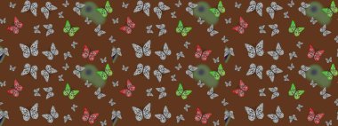 Robot resim. Kumaş, kağıt, ambalaj kâğıdı ve duvar kağıdı tasarımı için harika bir arka plan. Raster illüstrasyonu. Egzotik hayvanlar. Kahverengi kelebekler.