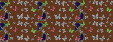 Raster illüstrasyonu. Renk çizimi kalıbı. Fantezi güzel illüstrasyon. Kitap sayfaları için çiçek ormanlarında uçan güzel kelebekler. Kahverengi renkli resimler.