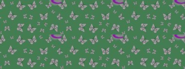 Raster illüstrasyonu. Giysi tasarımı için yeşil arka planda dekorasyon. Renkli kelebeklerin eskiz arka planı.