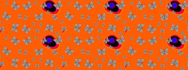 Raster illüstrasyonu. Kumaş, kağıt, ambalaj kâğıdı ve duvar kağıdı tasarımı için hoş bir arka plan. Turuncu arka planda kelebek deseni.