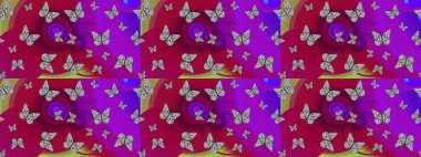 Watercolor Style 'da uçan kelebeklerle eskiz kalıbı. Mor renklerin çizimi. Doğadaki güzellik. Raster illüstrasyonu. Kumaş, Tekstil, Yazdırma ve Davetiye için arkaplan.