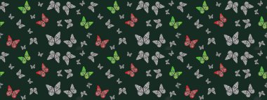 Raster illüstrasyonu. Kızlar, erkekler, elbiseler, duvar kağıtları için soyut çizim kalıpları. Farklı yönlere uçan renkli kelebek koleksiyonu..