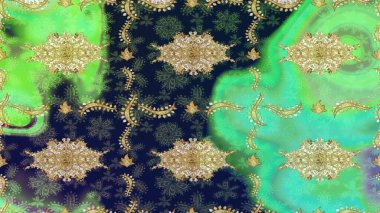 Raster illüstrasyonu. Damask altın soyut çiçek deseni yeşil renklerde. Süsleme.