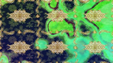 Yeşil renkler ve altın elementler üzerine çizim. Raster oryantal süs. Altın deseni çiz.