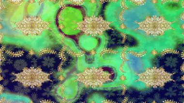 Doğum günü kartı, davetiye ya da afiş için iyidir. Dekoratif simetri arabesk. Raster illüstrasyonu. Yeşil renkte altın. Ortaçağ çiçek desenini çiz..