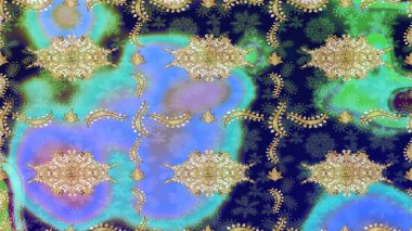 Altın elementli mavi renkler. Raster altın çiçek süsü brokar kumaş ve cam desenli. Altın şablonu çiz. Çiçek desenli altın metal..