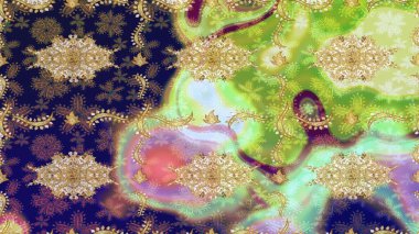 Tarafsız renklerde çizim kalıbı. Doğu tarzı arabesk tarzında altın elementler. Çizim altın desenli bukleler. Raster altın eskiz deseni.